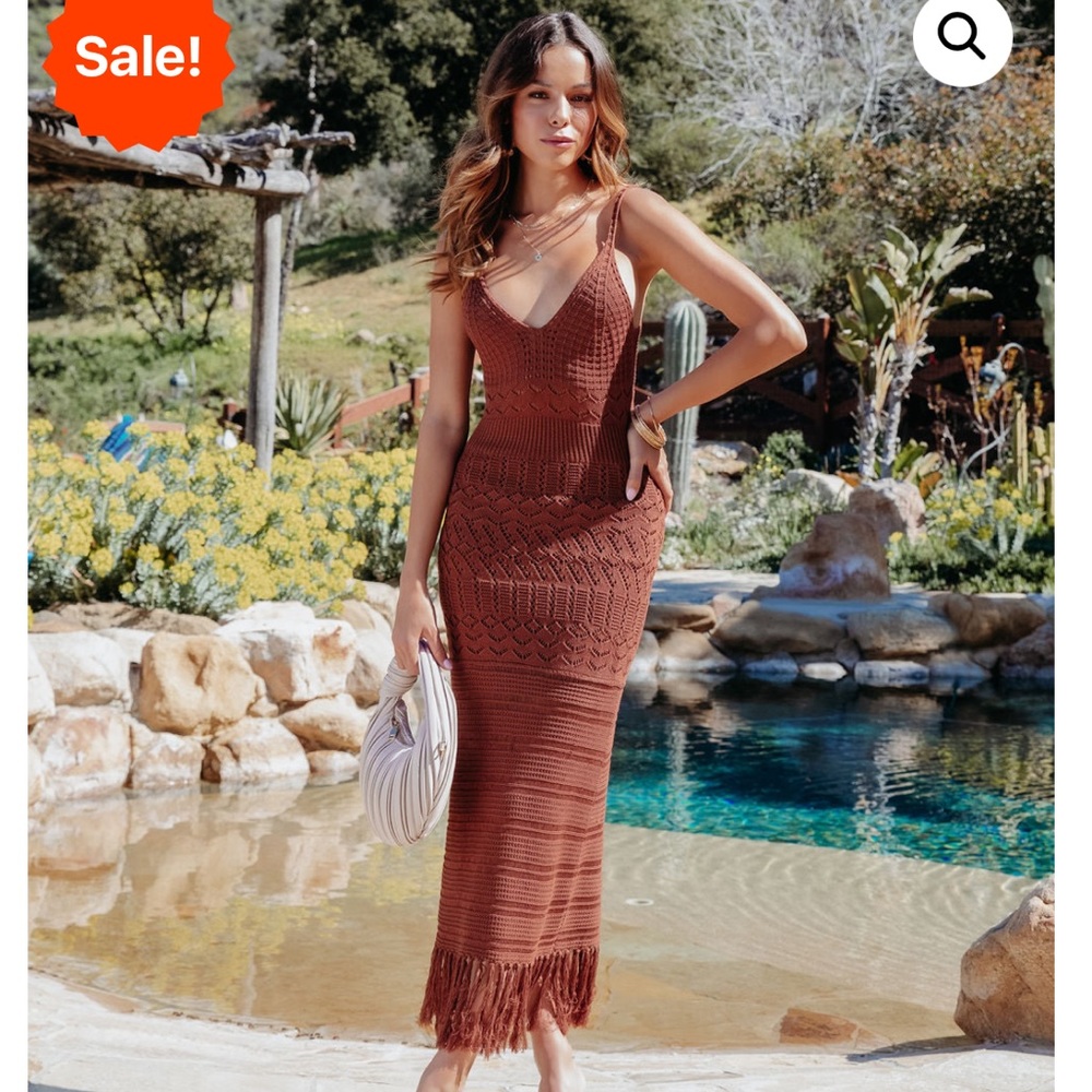 Vici- Paradise Cove Crochet Knit Fringe Hem Midi Dress - Chocolate